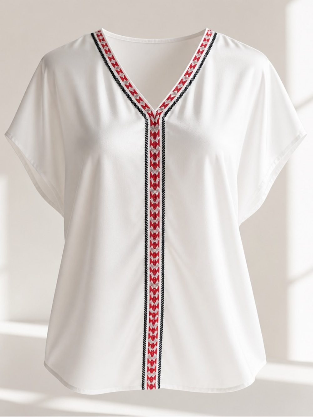 Foxcroft White V-Neck Tunic with Red/gold and Black Embroidery #200